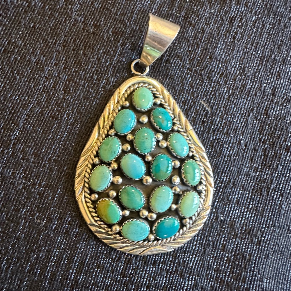 Native American Sterling Silver Teardrop Turquoise Cluster Pendant - Green-Blue